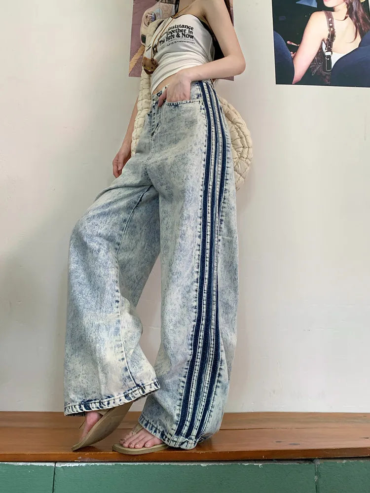 Product Image for Heidi-Mode | Y2K 2000Er Kleidung Seitliche Streifen Helles Blau Baggy Jeans Hosen Damen Kleidung Günstiger Preis Weite Beine Damen Hosen Roupas 