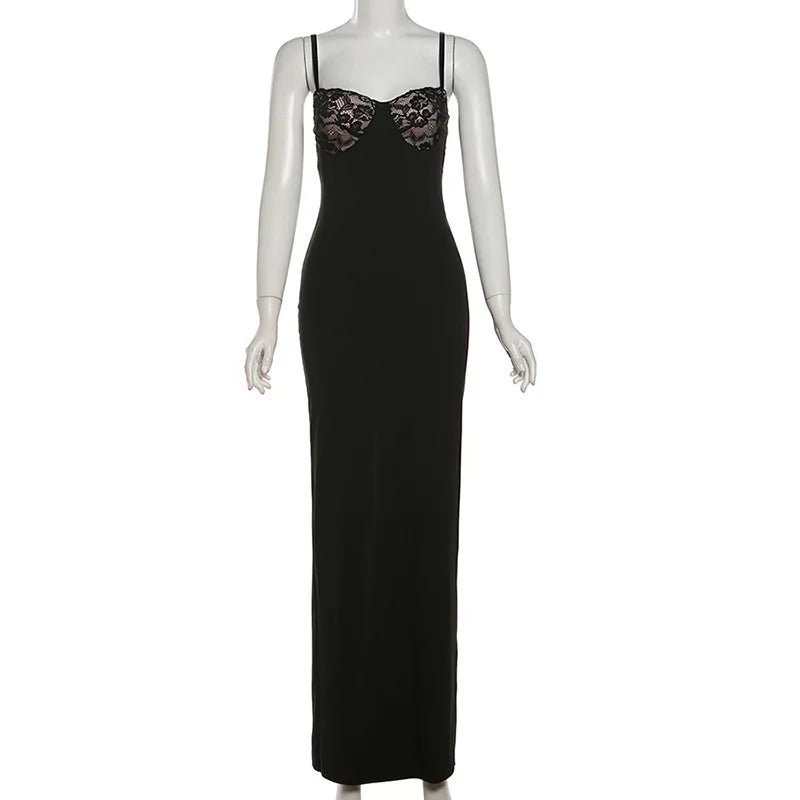 Product Image for Heidi-Mode | Frauen Sommer Temperament Spitze Verbundene Träger Lange Röcke Sexy Schlanke Kleid Elegant Sexy Partykleid Klub Kleidung, Schwarz / S