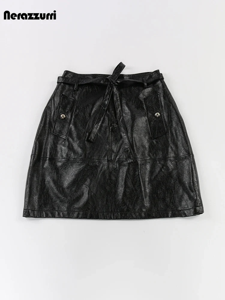 Product Image for Heidi-Mode | Lautaro Sommer Herbst Gold Glänzend Faux Leder Rock Frauen mit Band A-Linie Koreanischer Stil Kleidung Streetwear Catwalk Mode, schwarz /
