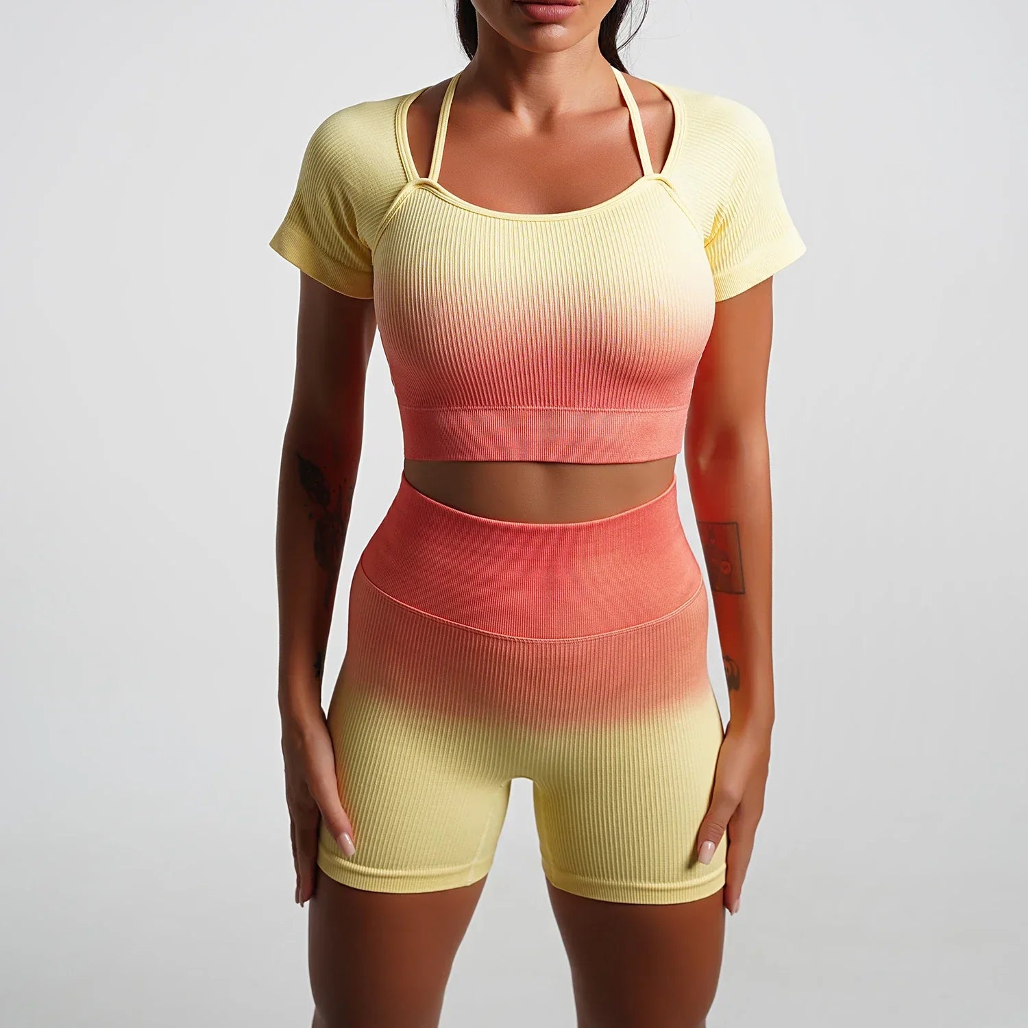 Product Image for Heidi-Mode | Nahtlose Gradient Yoga Set Sport Fitness Hohe Taille Hip Lifting Hosen Langarm Anzüge Training Fitness Leggings Set für Frauen, Orange C 