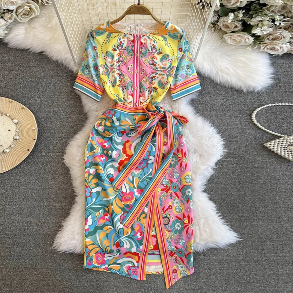 Product Image for Heidi-Mode | Sommermode Designer Kleid Damen O-Ausschnitt Kurze Ärmel Blumenmuster Streifen Vintage Gürtel Schnürung Unregelmäßige Midi Kleider, 