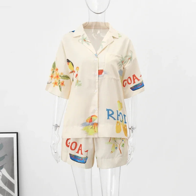 Product Image for Heidi-Mode | Pflanzen Blumen Vögel Druck 2 Teiliges Set Damen Urlaub Kurzarm Knopf Auf V-Ausschnitt Oberteile Set Hohe Taille Shorts Outfits, 2 Stück 