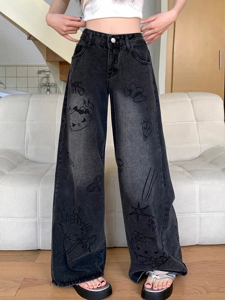 Product Image for Heidi-Mode | Y2K Hose für Toppenpe Comic Print Vintage Schwarz Baggy Jeans Hosen für Frauen Kleidung Breite Beine Harajuku Mode Damen Hosen, Schwarz /