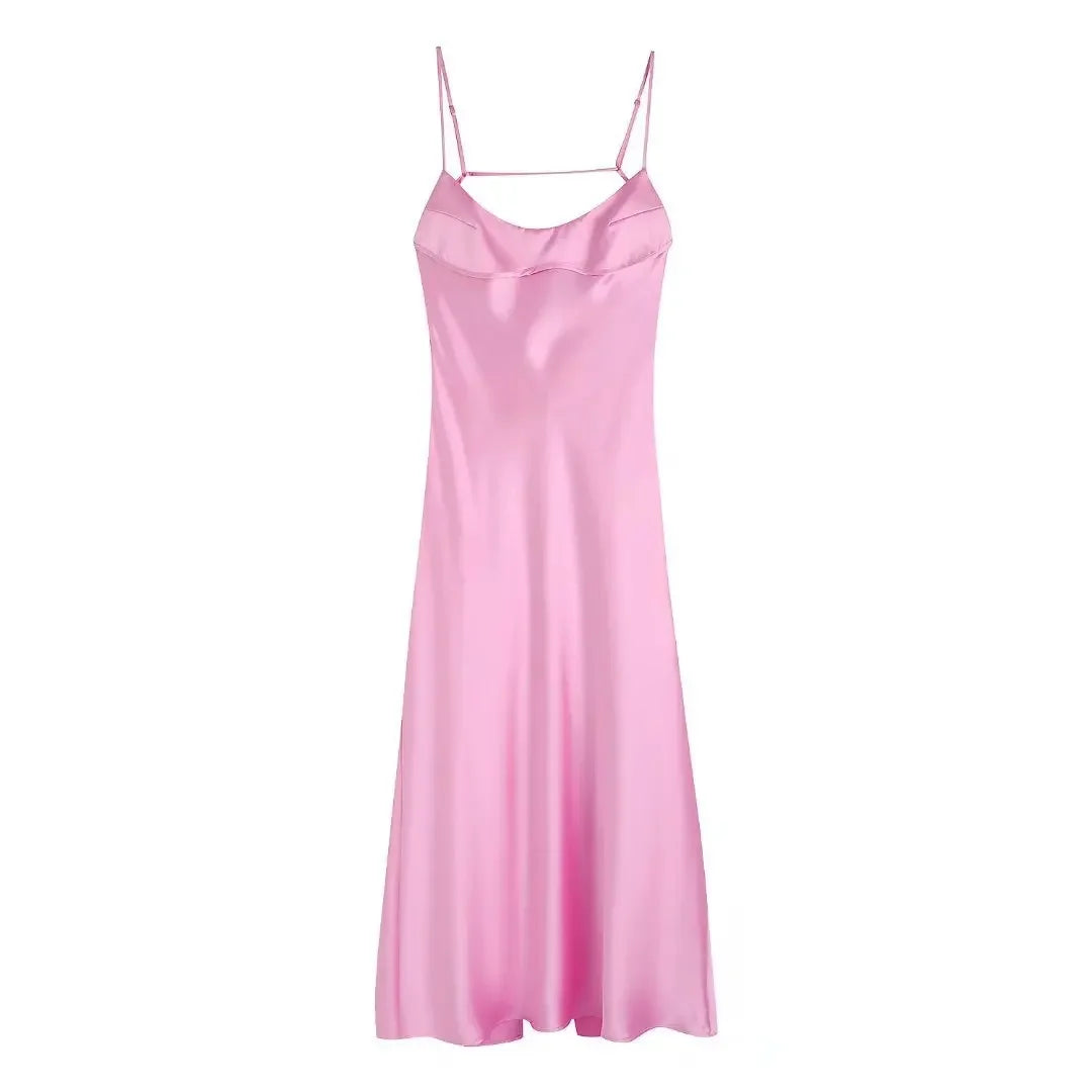 Product Image for Heidi-Mode | Mid Calf Satin Kleid Elegant Pink Sexy Ohne Ärmel Cut Out Festkleider Lässig Urlaub Geburtstag Frauen Kleidung, wie Foto / L