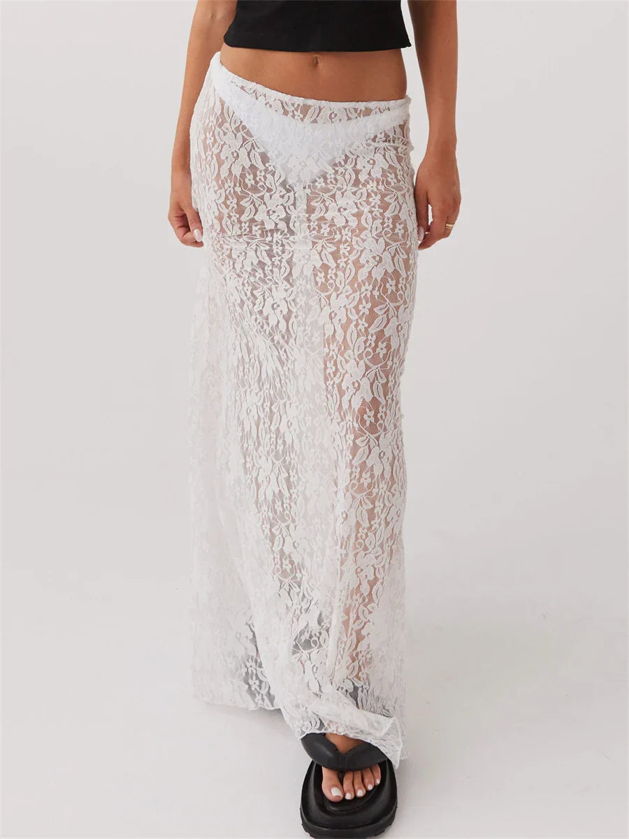 Product Image for Heidi-Mode | Y2K Weiß Fairycore Boho Blumen Spitzen Maxi Röcke Damen Transparent Niedrige Taille Vintage Lange Röcke Sommer Harajuku Ferien Outfits, 