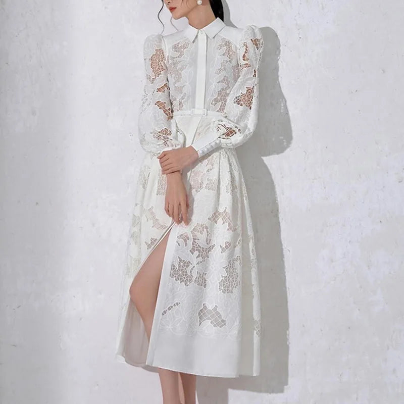 Product Image for Heidi-Mode | Neue Luxus Frauen Spitze Stickerei Kleid Frühling Sommer Langarm Weiß Hochzeit Abend Fest Durchbrochenes Kleid Kjoler, WEISS / XL