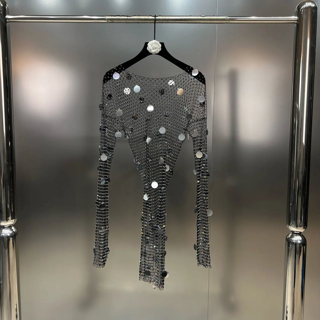 Product Image for Heidi-Mode | Paillettendiamant Splicet T-Shirt für Frauen Frühjahr Rundhals Mesh Perspektiv Lange Ärmel für Oberteile Damen Neu, Schwarz / L