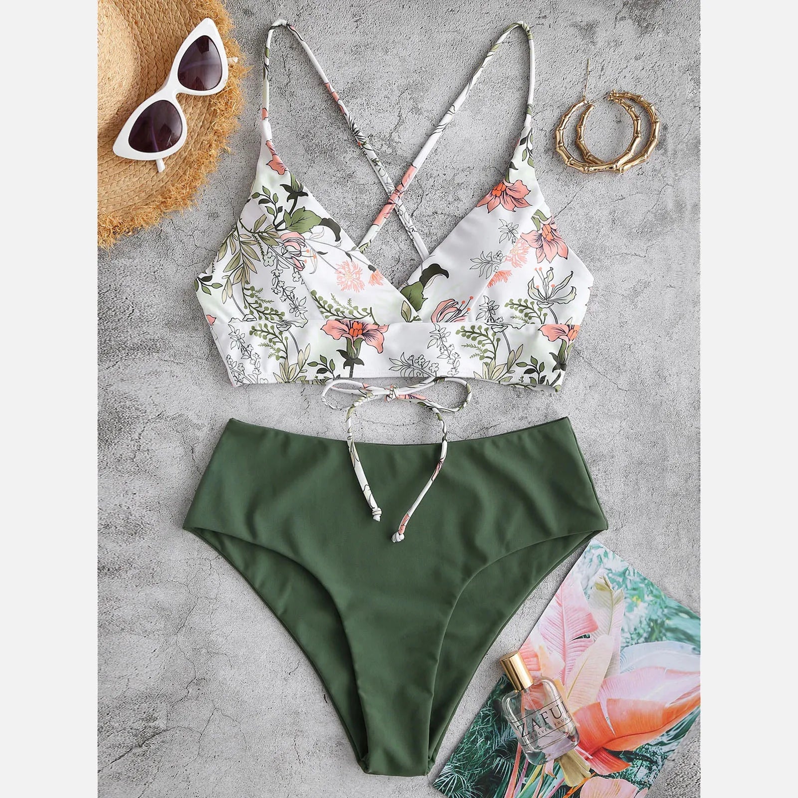 Product Image for Heidi-Mode | Sommer Frauen 2 Geteilte Bademode Blumenmuster Spaghettiträger Badeoberteil Hohe Taille Bikinioberteile Weibliches Strandbadeanzug, Grün 