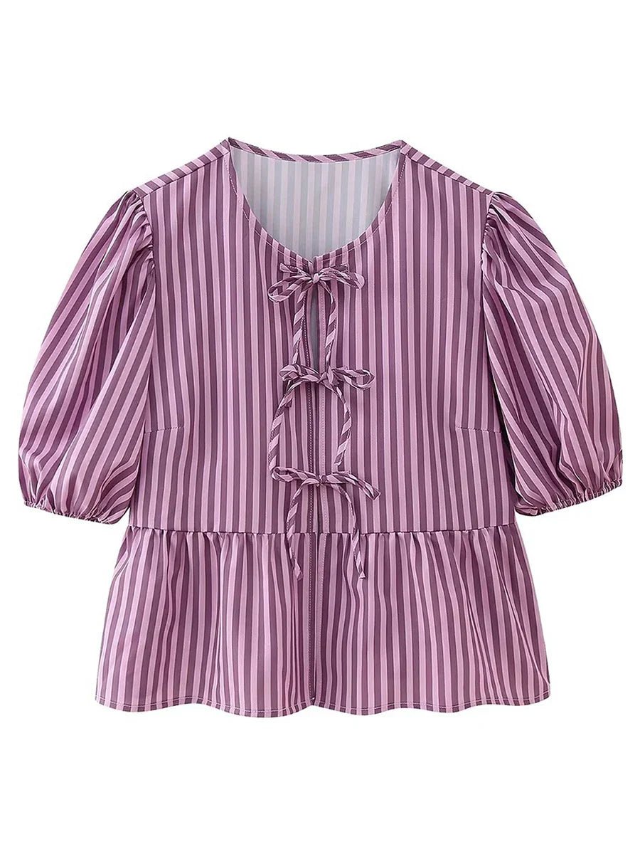 Product Image for Heidi-Mode | Schicke Sommer Babydoll Shirts Einfarbig/Gestreift Kurz Damen Puffärmel Rundhals Tie Up Front Peplum Blusen Top für Die Straße, K / S