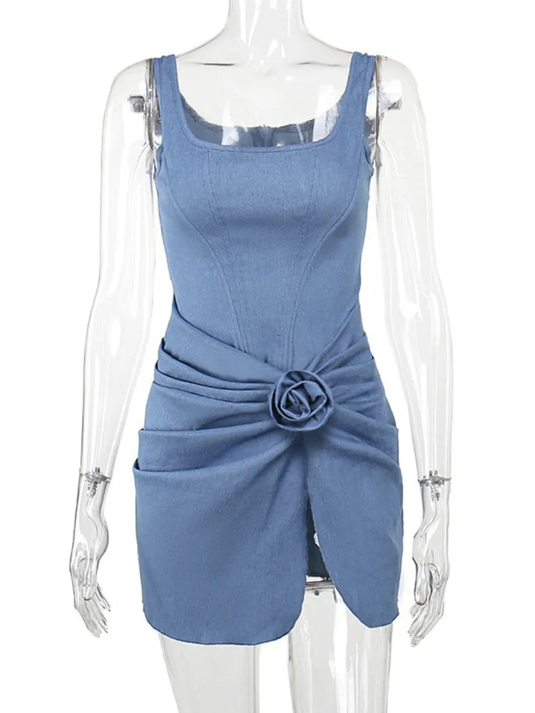 Product Image for Heidi-Mode | Blumen Denim Mini Kleid für Damen Mode Strapless Rückenfrei Rüschkleider Femme Ärmellos Eng Sexy Kleid, Blaue / M