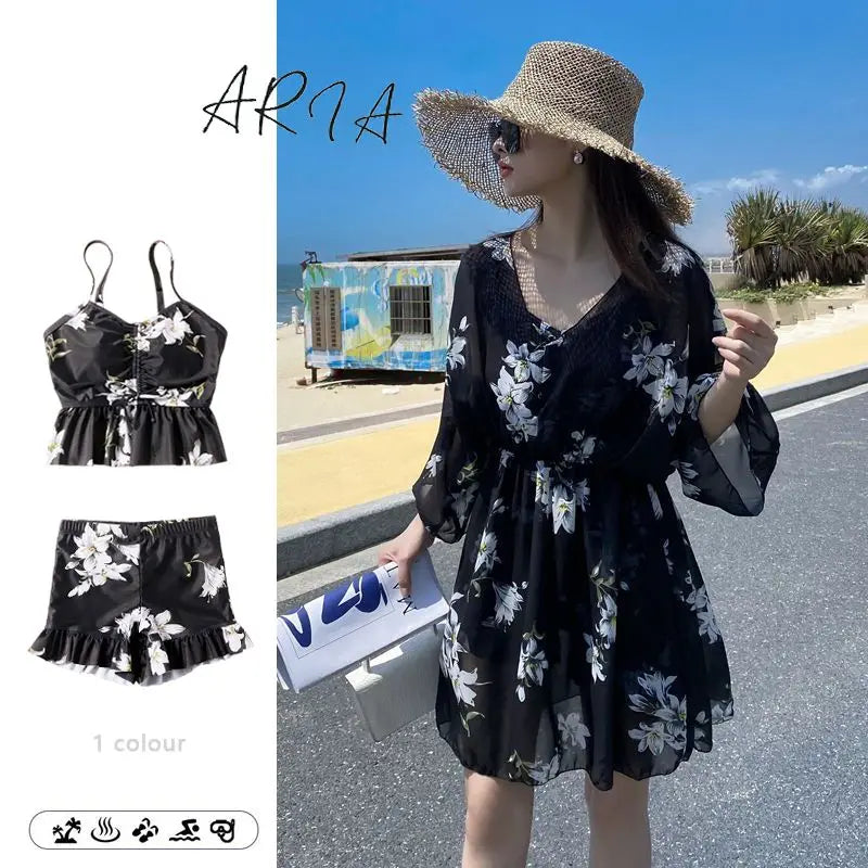 Product Image for Heidi-Mode | Neues Lässiges Übergrößen Damen Badeanzug Drei Teile Set Figurformend Konservativ Langarm mit Brustpolster Ohne Stahlunterstützung, 