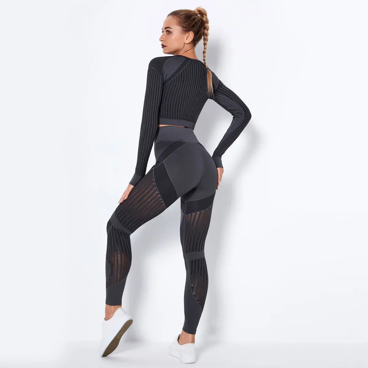 Product Image for Heidi-Mode | Hollow Out Nahtlos Yoga Set Sport Outfits Frauen Schwarz Crop Top Bh Leggings Workout Gym Anzug Fitness Sport Set, Dunkelgrau Anzug / S