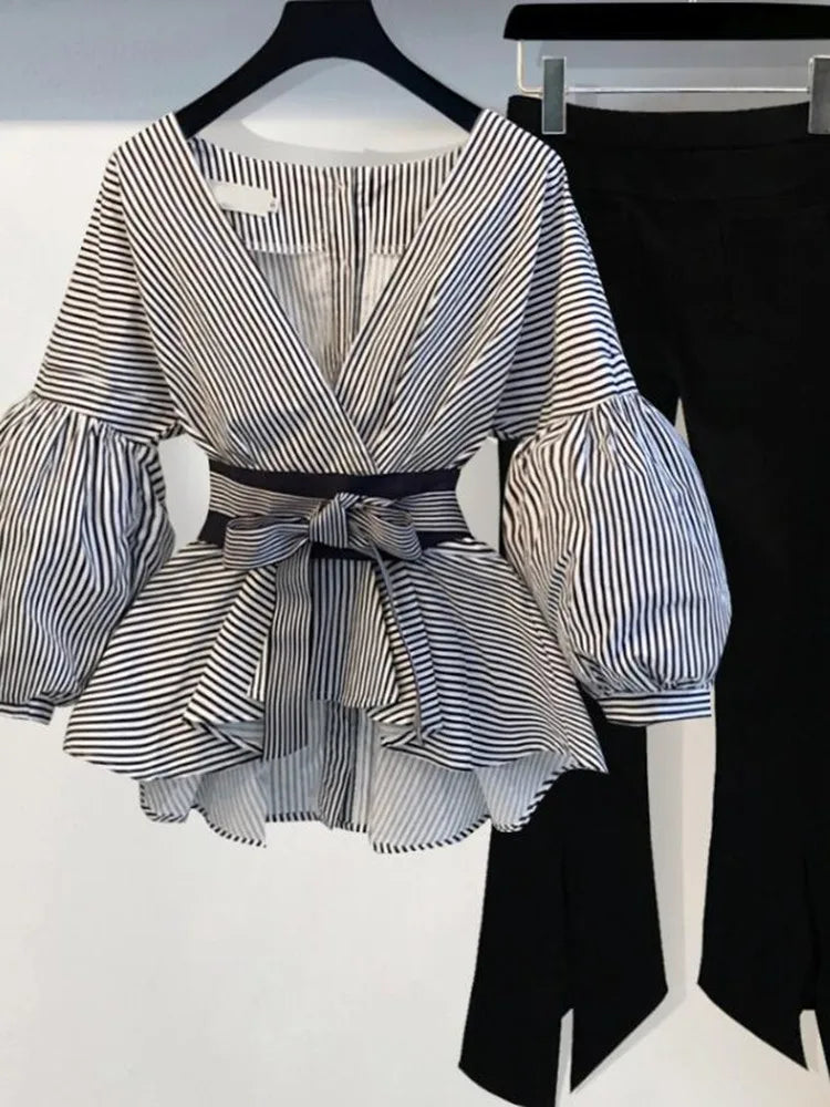 Product Image for Heidi-Mode | Laternenärmel Bluse Shirt Frauen Mode Koreanischer Stil Sommer Bogen V-Ausschnitt Gestreiftes Shirt Elegante Damen Tops Damenbekleidung, 