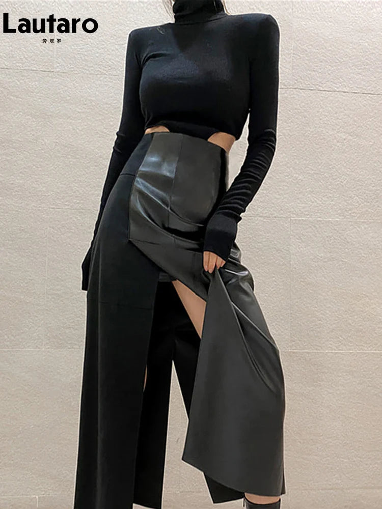 Product Image for Heidi-Mode | Lautaro Frühling Herbst Lange Sexy Patchwork Pu Leder Midi Rock Frauen mit Schlitz Hocher Taille Luxus Designer Kleidung Mode, Schwarz / 