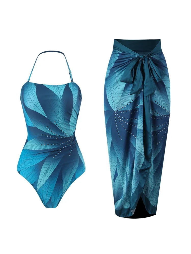 Product Image for Heidi-Mode | Elegant Blau Blätter Gedruckt Einteiler Badeanzüge Damen Mode Hohe Taille Hängender Hals Bademode Französisch Bedeckter Bauch Bikini, A-