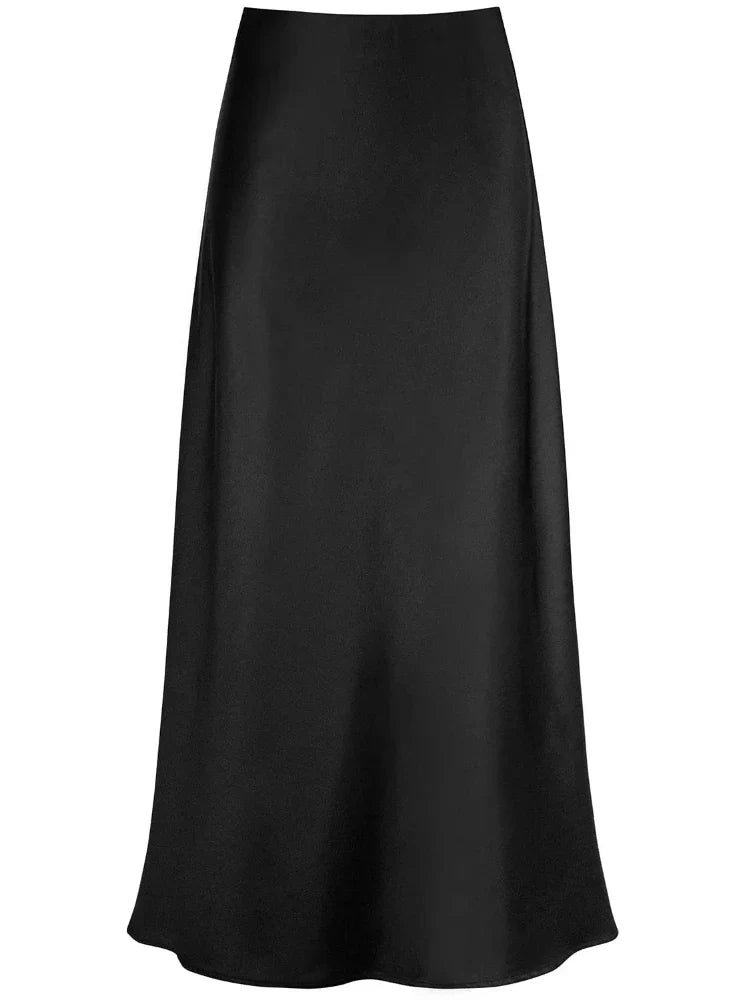 Product Image for Heidi-Mode | Frauen Satin Seiden Röcke Sommer Frühling Koreanische Mode Kleidung Büro Damen Lange Röcke Elegant Schwarz Maxi Röcke für Frauen, Schwarz