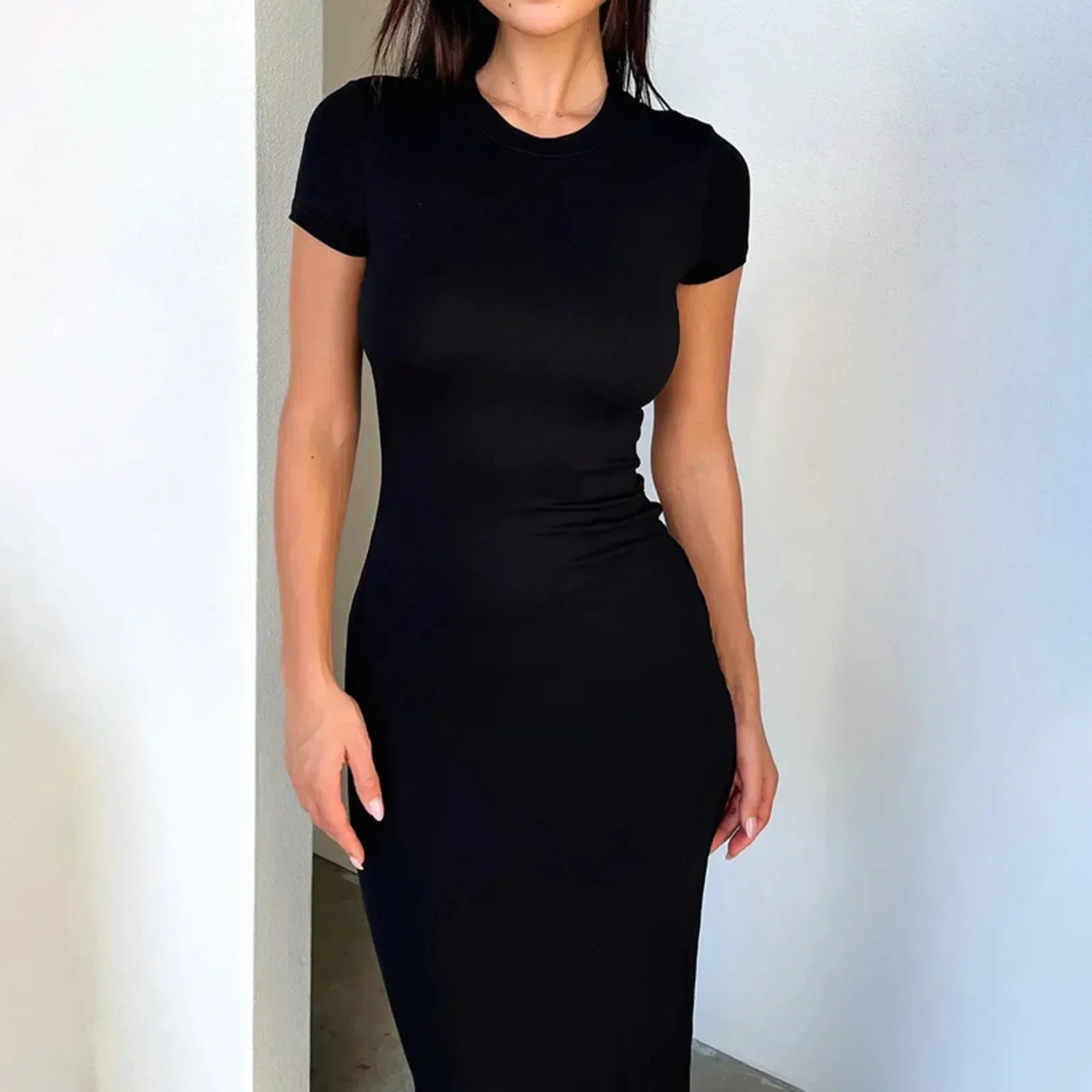 Product Image for Heidi-Mode | Yeae Einfarbig Sexy Enges Kleid Rundhals Kurzarm Enges Paket Hüftkleid Lang Kardashian Spice Girls Strand Urlaub Neu, Schwarz / L