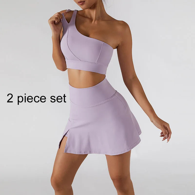 Product Image for Heidi-Mode | Yoga Rock Set Frauen Workout Sport Gym Kleidung Anzug Hohe Taille Fitness Crop Top Damen Tennis Sportbekleidung Ein Schulter Bra, Lilac-