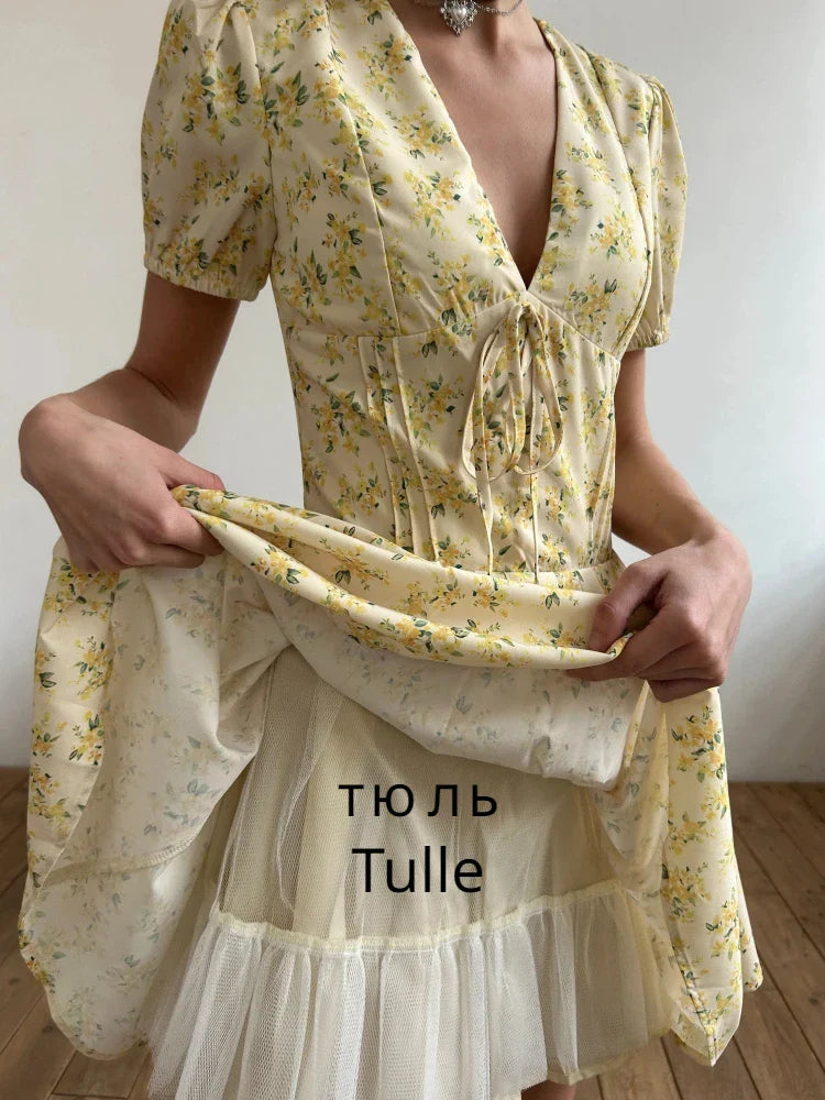 Product Image for Heidi-Mode | Fashion Sommerkleider Sexy V-Ausschnitt Puffärmel Tüllkleid Fluffy Print Ferien Party Kleid Lässig A-Line Kleid, bitte lesen Sie die 