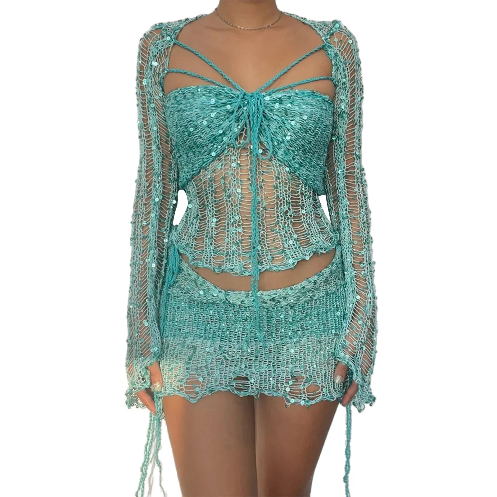 Product Image for Heidi-Mode | Häkel Pailletten Strick Crop Top und Minirock Co Ord Satz, See Blau / M