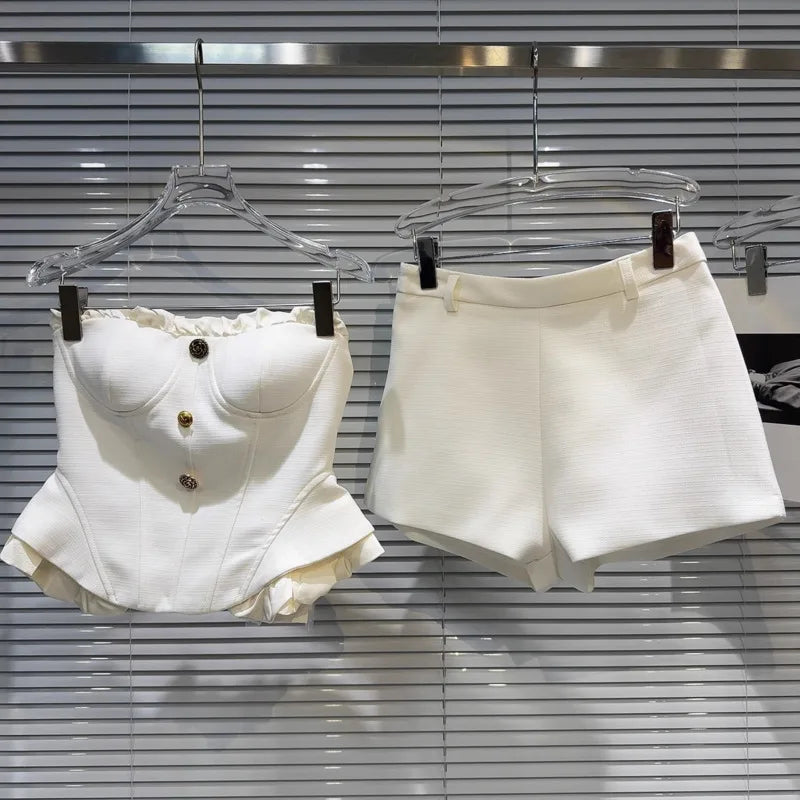 Product Image for Heidi-Mode | Mode Damen Set Patchwork Kanten Bandeau Zum Toppe Hohes Taillen Blumen Bandage Shorts Hosen Set Damen Sommer, weiß / S