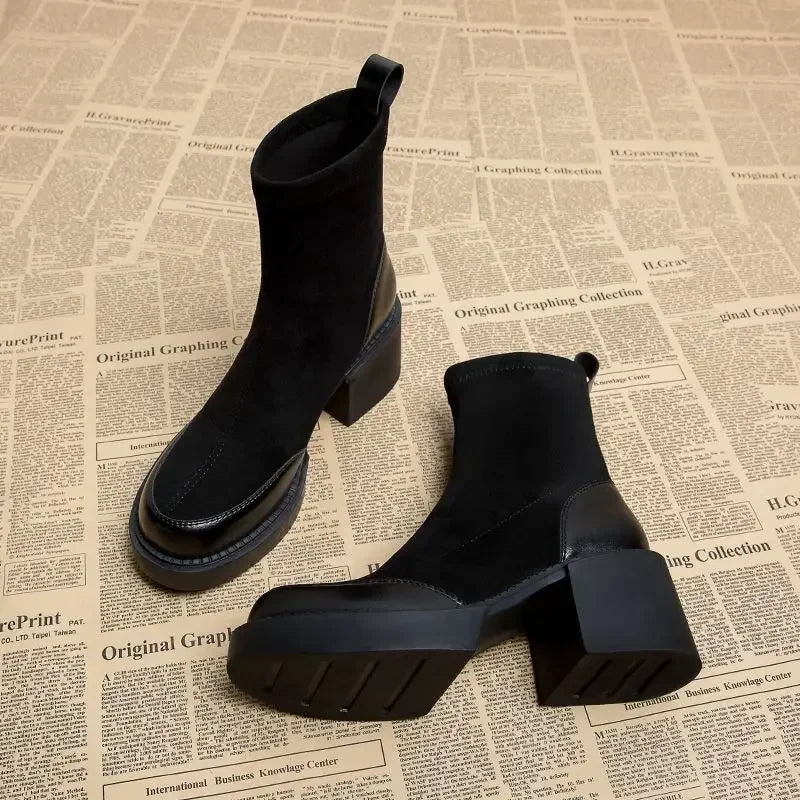 Product Image for Heidi-Mode | Maogu Black Damen Kurze Knöchelschuhe Strumpfstiefel Kampfstiefel Hohe Absätze Wildleder Absätze Herbststiefel Slip-On Schuhe für Damen, 