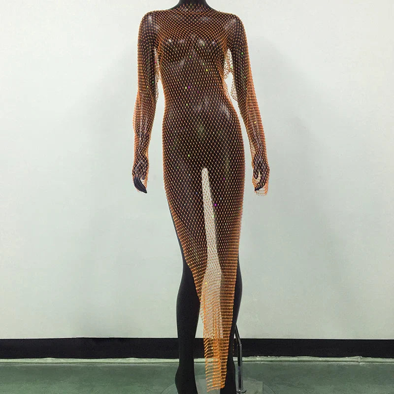 Product Image for Heidi-Mode | Y2K Sexy Shiny Rhinestones Gitter Netz Kleid Langarm Hollow Out Seite Schlitz Kleid Strand Cover-Up Atmungsaktive Damen Kleider, Orange 