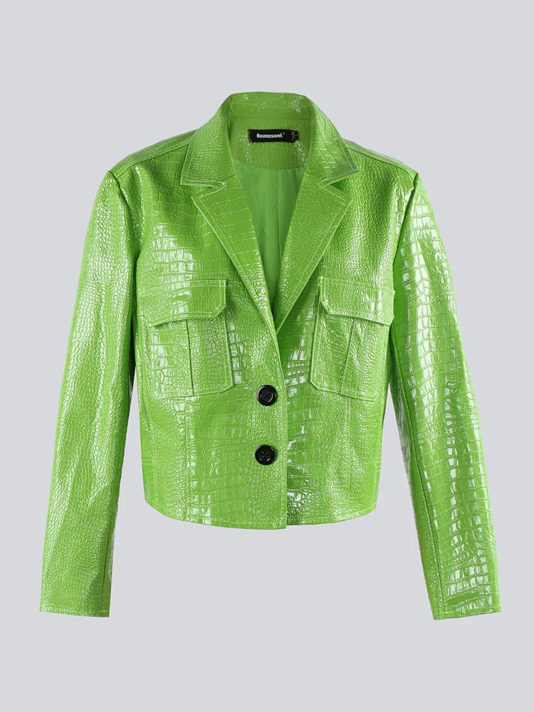 Product Image for Heidi-Mode | Lautaro Frühling Herbst Kurz Cool Stylisch Glänzend Reflektierend Krokodilprint Patentantrag Pu Lederjacke Frauen Laufsteg Mode, grün / M
