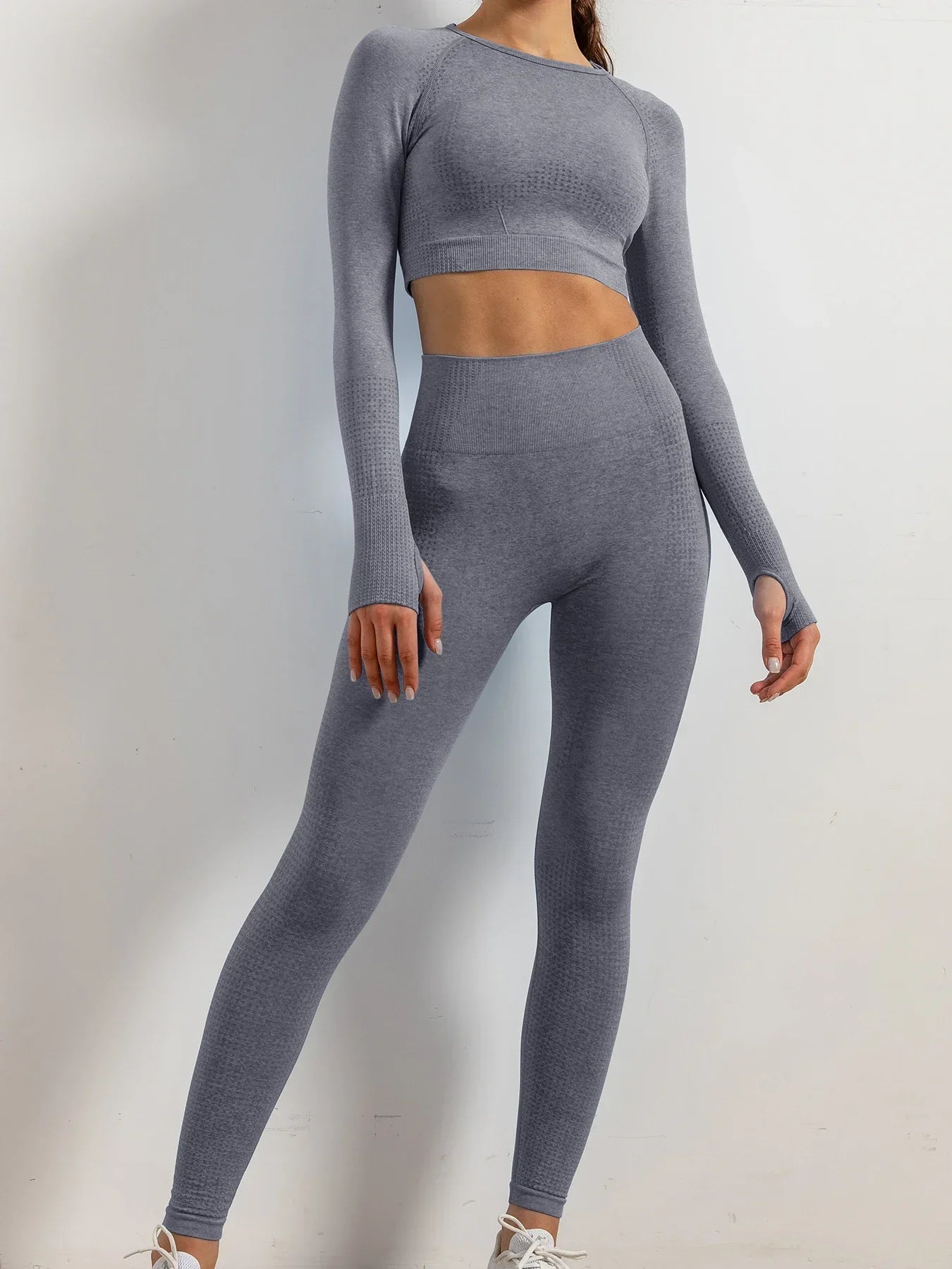 Product Image for Heidi-Mode | Set aus 2 Frauen Nahtlose Yoga Anzug mit Daumenlöchern Langärmelige Tops Trainingsbekleidung Fitness Training Yoga Kleidung Leggings 