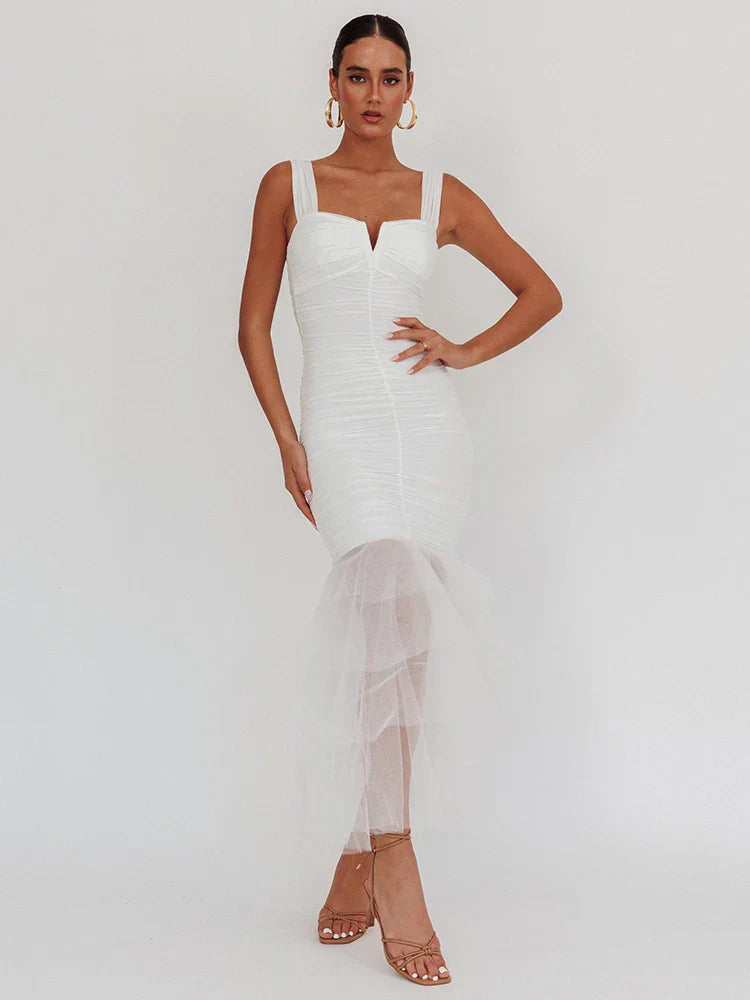 Product Image for Heidi-Mode | Mesh Rückenfreies Sexy Maxikleid für Frauen Gown mit Lagen Spaghetti-Trägern Ärmellos Gerafftes Bodycon Club Party Kleid, WEISS / L