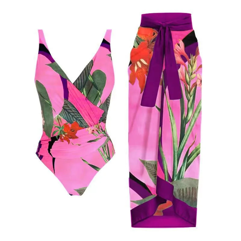 Product Image for Heidi-Mode | Elegant Blau Blätter Gedruckt Einteiler Badeanzüge Damen Mode Hohe Taille Hängender Hals Bademode Französisch Bedeckter Bauch Bikini, D-