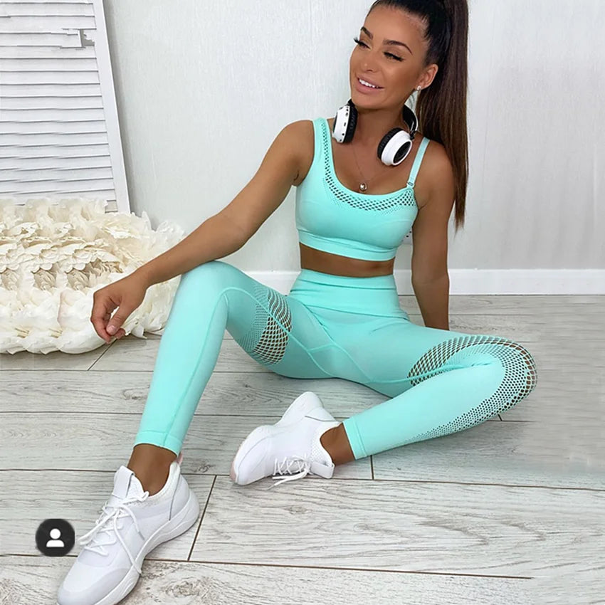 Product Image for Heidi-Mode | Nahtloses Yoga-Set Sport Outfits Frauen 2Pcs Geteilt Hohl Lange Ärmel Crop Top Leggings Trainingskleidung Fitness Set, Grüne BH Set / L