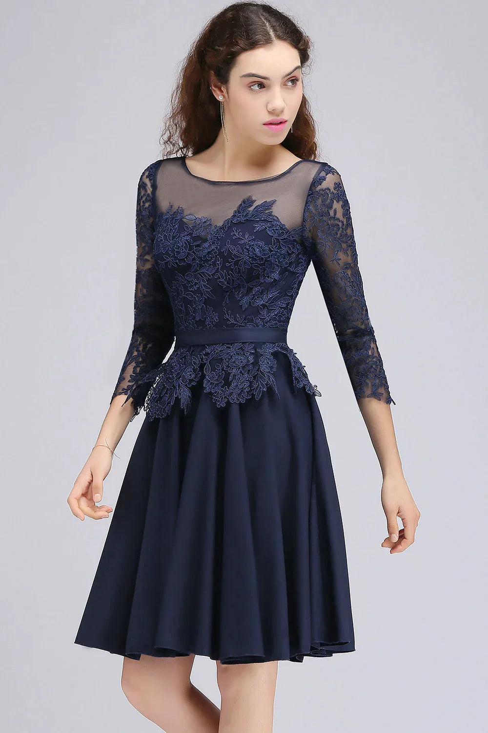 Product Image for Heidi-Mode | A-Linie Scoop Lange Ärmel Spitze Heimkehrkleid Chiffon A-Linie Rock Kurz Knie-Länge Formal Festkleid Prom, Marineblau / 10