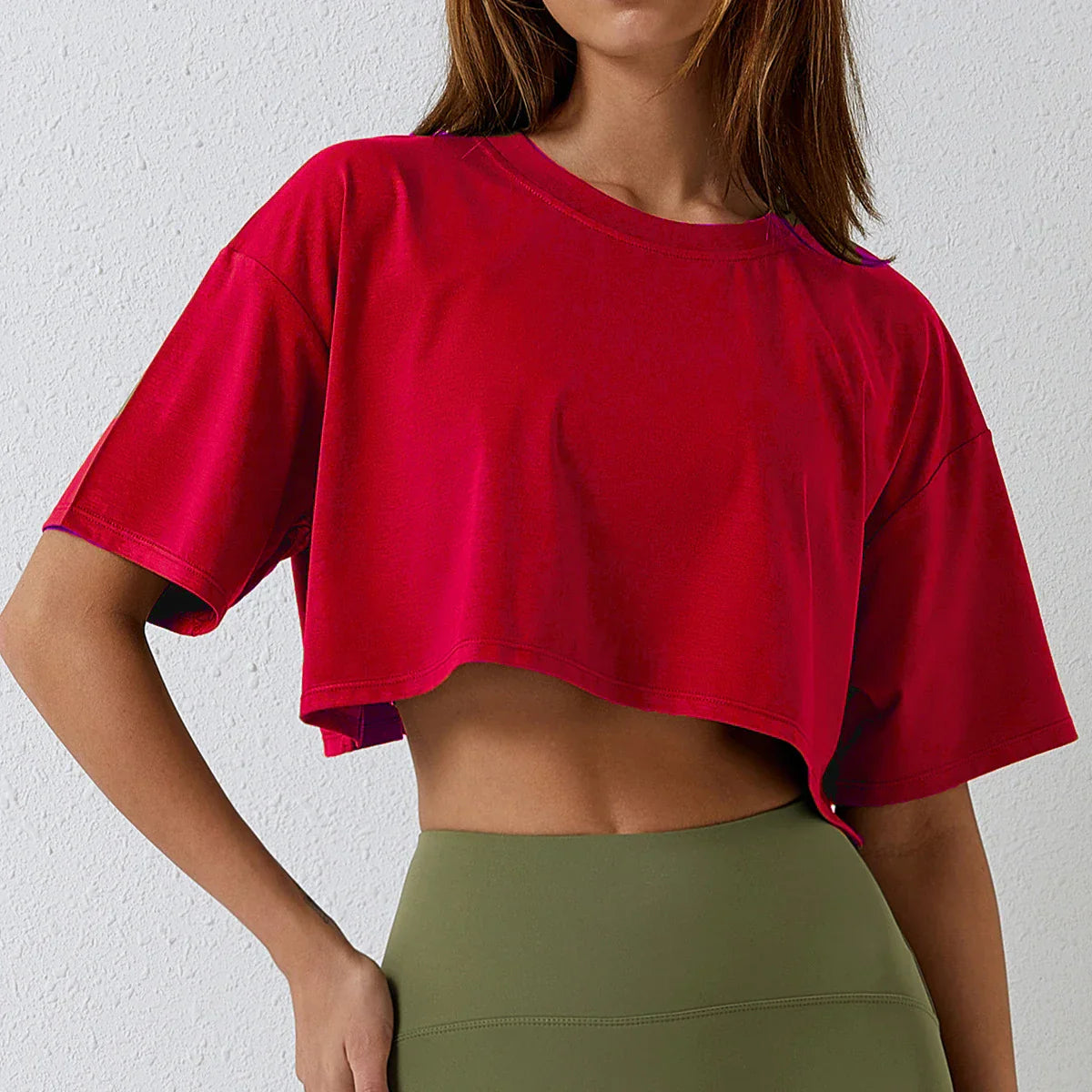 Product Image for Heidi-Mode | Baumwolle Frauen Kurzarm Tanz Laufbekleidung Yoga Fitness Crop Top Bauchnabelblitzende Neu Sport T-Shirt Lockere Gym Trainingsshirts, Rot