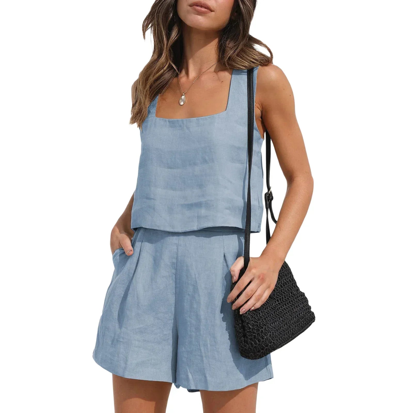 Product Image for Heidi-Mode | Kurze Anzug Frauen 2 Teile Set Weste Shorts Outfit Einfarbig Ohne Ärmel Frühling Sommer Taschen Lässig Alltag Leinen Damenbekleidung, 