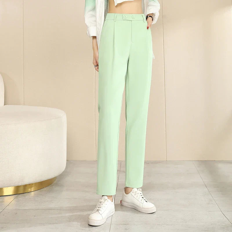 Product Image for Heidi-Mode | Frauen Sommer Neu Fest Mode Dünn Hohe Taille Lässig Gerade Lockere Knopf Tasche Rynk Set Harlan Kleine Füße Hose, Grün / 3XL