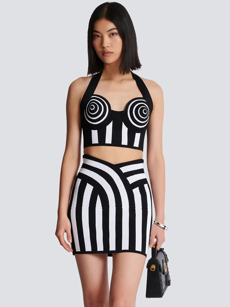 Product Image for Heidi-Mode | Frauen Sommer Berühmtheit Sensuell Rückendekolleté Neckholder Gestreift Mini Bandage Rock Set Strick Elegant Abend Klub Fest Kleidung, 