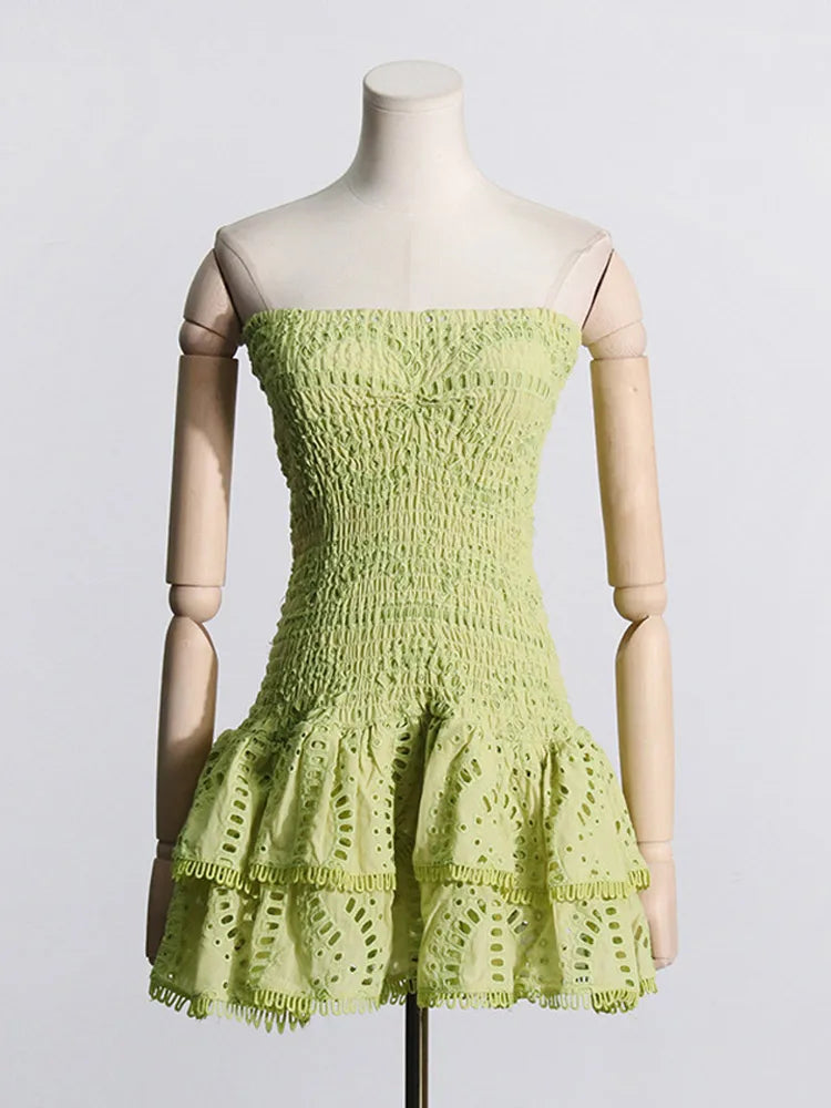 Product Image for Heidi-Mode | Frauen Druck Strapless Mini Kleid Sexy Slim Rückenfrei Ärmellos Rüschen Hohe Taille Kleider Sommer Damen Party Club Kleid, Grün / M