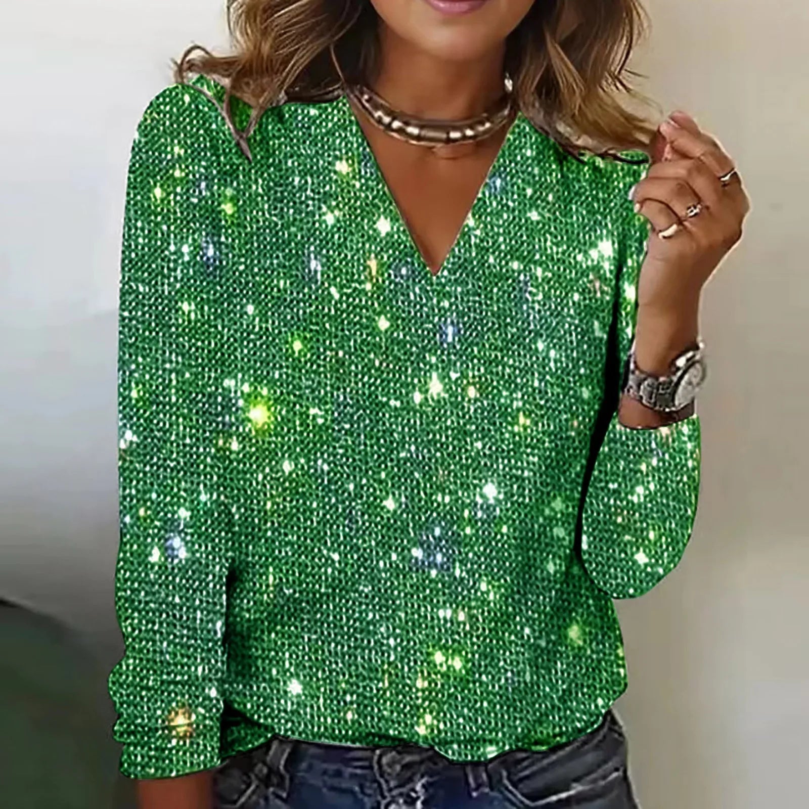 Product Image for Heidi-Mode | Damen Pailletten Glitzer Party Bluse Festlich, Grün / 2XL