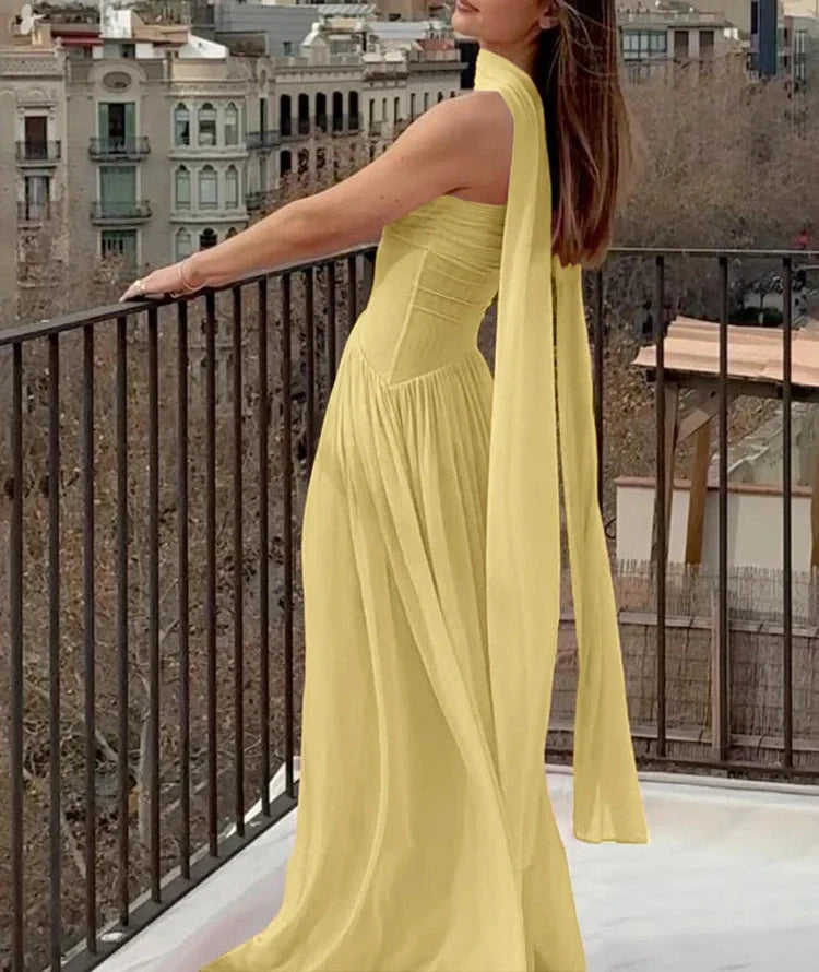 Product Image for Heidi-Mode | Patchwork Maxi Kleid Schal Rückenfrei Strapless Rüschen Bankett, Gelb / S