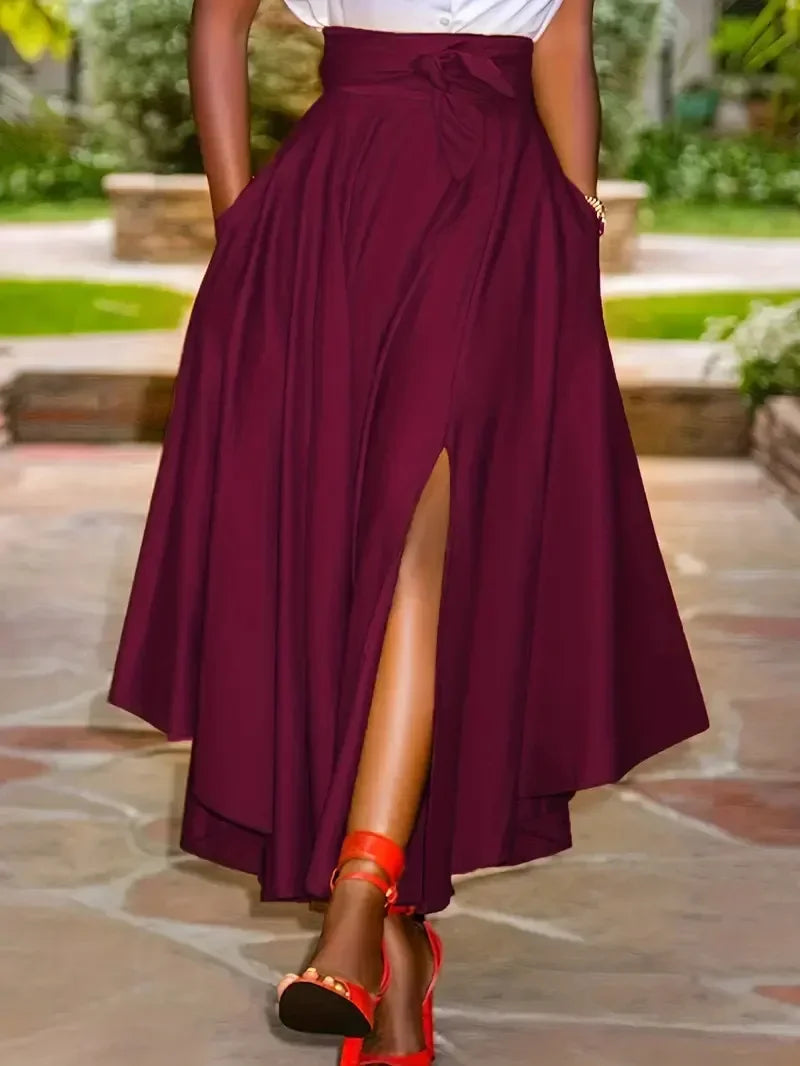 Product Image for Heidi-Mode | Neue Damenmode Elegante Schlitznähten Röcke Lässiges Design Plisseerter Maxi-Rock Hohe Taille Solide Schnürung Fest Langes Kleid Femme, 