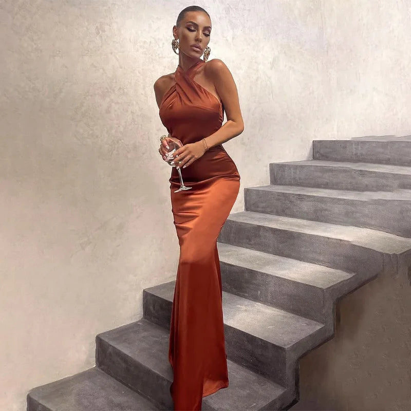 Product Image for Heidi-Mode | Ärmellos Kreuz Halterneck Satin Midi Kleid Ohne Rücken Bodycon Sexy Elegant Fest Club Outfit Abend Geburtstag Kleidung Sommer, Braun / 8