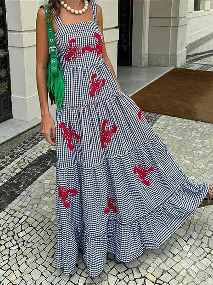 Product Image for Heidi-Mode | Jahrgang Stickerei Ärmelloses Maxi Kleid Frauen Sommer Kariert Print Lässig Strand Urlaub Fest Kleider Mode Weiblich Vestidos, Blau / S