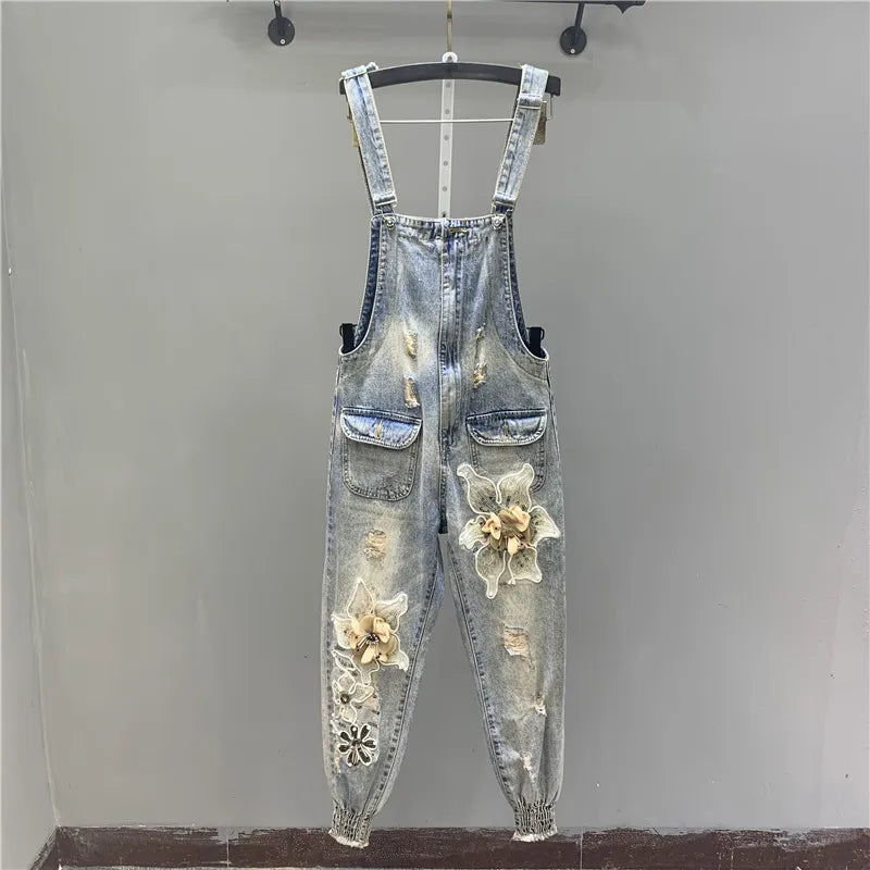 Product Image for Heidi-Mode | Frühjahr Neue Heavy Industry Perlen Dreidimensionale Blume Träger Hose Denim Jeans Lässiger Romper Schlank Jeans Jumpsuit Frauen, Blau / 