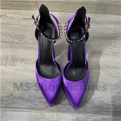 Product Image for Heidi-Mode | Luxus Frauen High-Heels Schuh Plattform Sandalen Spitz Zehe Damen Seiden Pumps Sexy Strass Schnalle Chunky Absatz Hochzeitsschuhe, Lila /