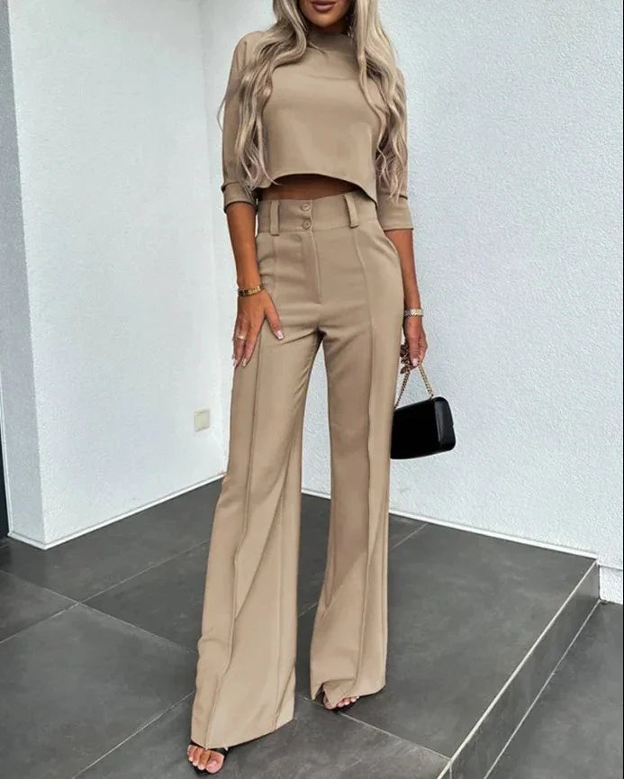 Product Image for Heidi-Mode | Neue Mode Frauen Elegant Kleine Hohe Hals Lässig Shorts Top Tasche Mikro Horn Elegant Hose Set, Khaki / XXL
