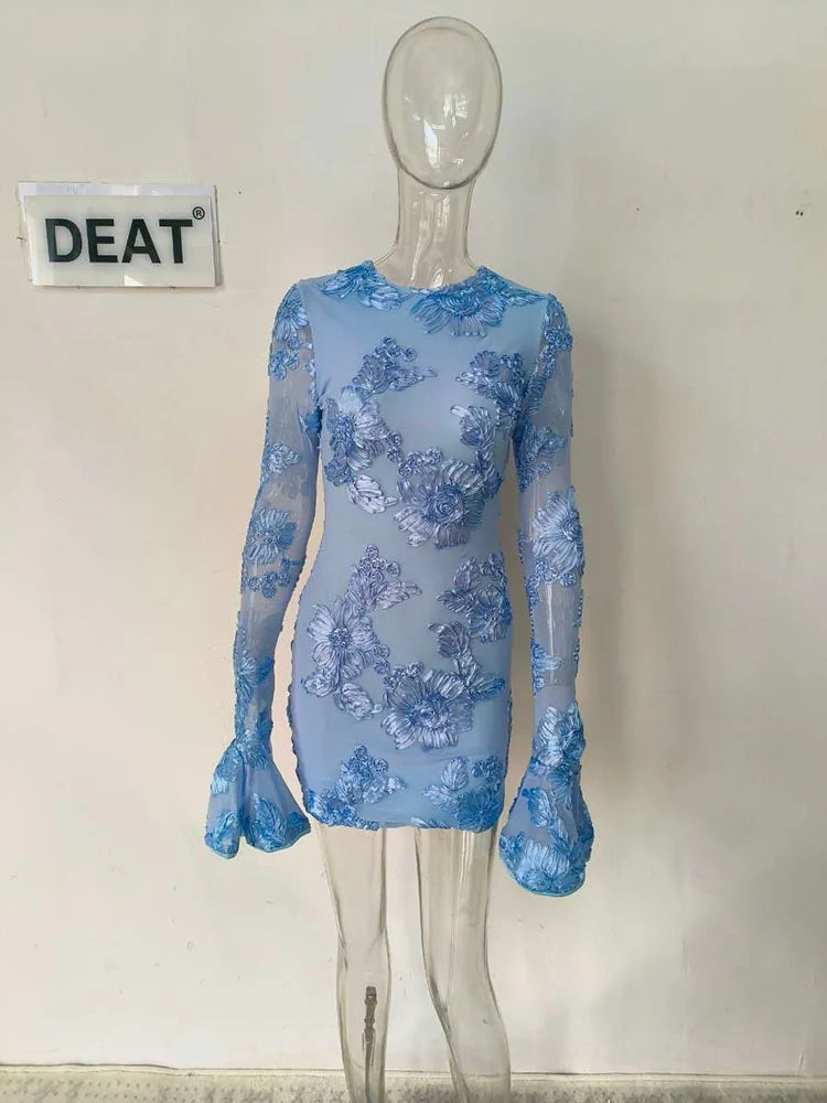 Product Image for Heidi-Mode | Herbstmode Trendy Frauen'S Stickerei Blume Rücken Hollow Out Kleid O-Ausschnitt Flare Ärmel Kleider Female, blau / M