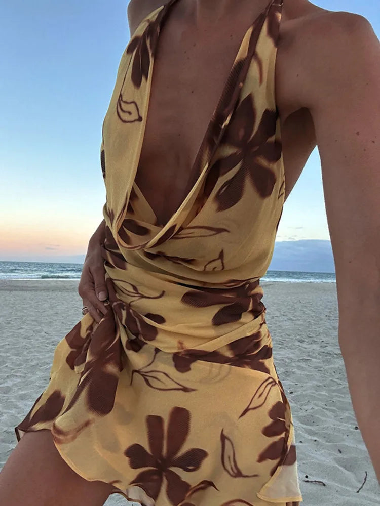 Product Image for Heidi-Mode | Halter Druck Sexy Mini Kleid für Frauen Robe Elegant Tiefer V-Ausschnitt Ärmellos Rückenfrei Rüschen Hoher Taillen Strandkleid, Gelb / M