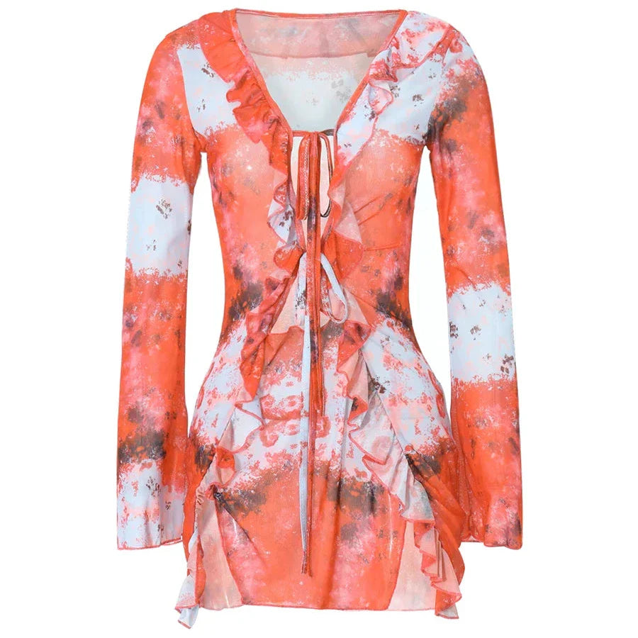 Product Image for Heidi-Mode | Boni Rüsche Batik Langarm Mini Kleid, Rot / S