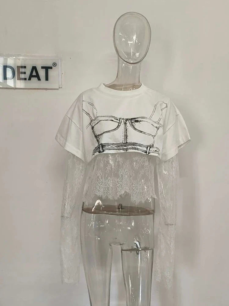 Product Image for Heidi-Mode | Gemustertes Gedrucktes Kurzarm Wellen Spitzen T-Shirt Zwei Teile Set für Frauen Frühling Neue Artikel Lässige Kleidung, weiße Set / M